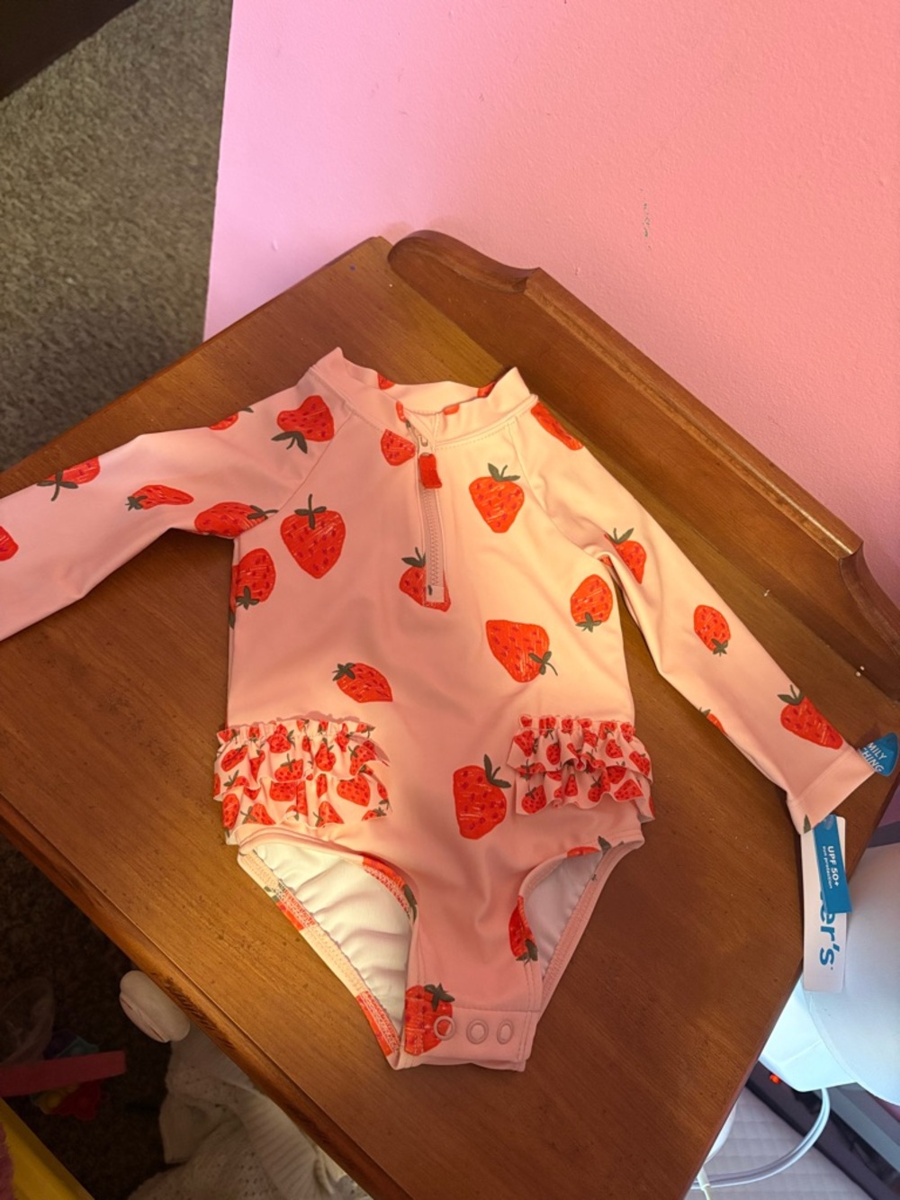 Carter's Pink Strawberry Print Long Sleeve One-Piece Swimsuit